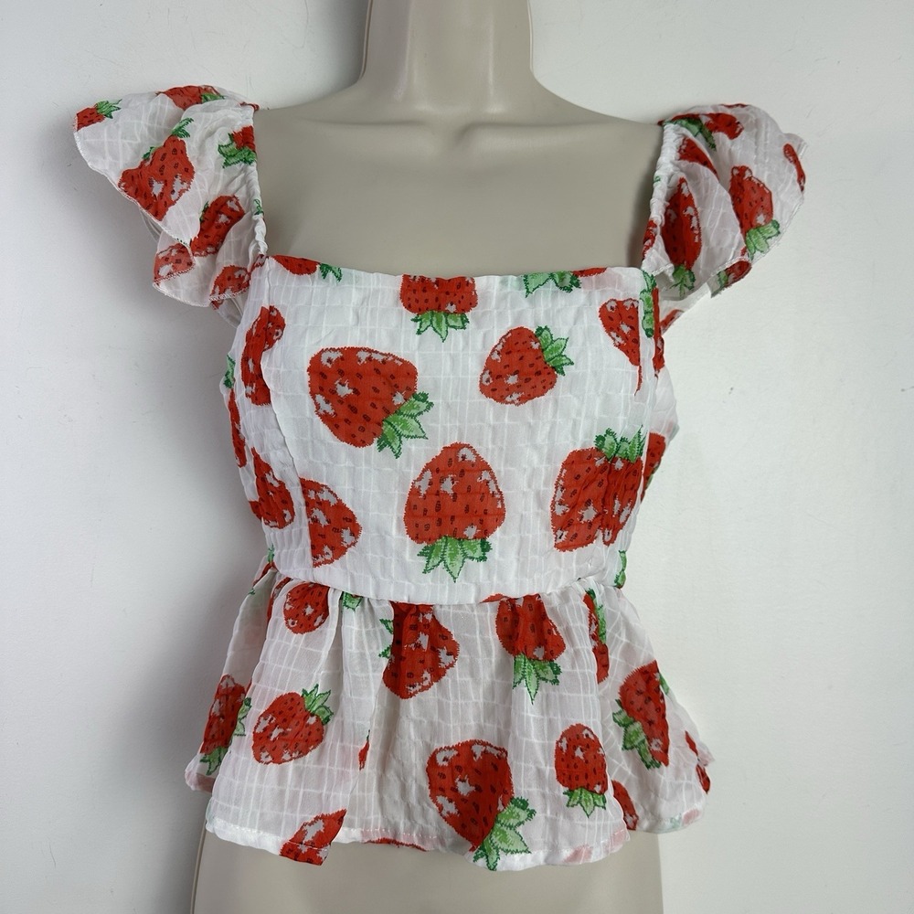Strawberry‎ White Red Peplum Tank L Ruffle Coquette Cottagecore Boho Picnic